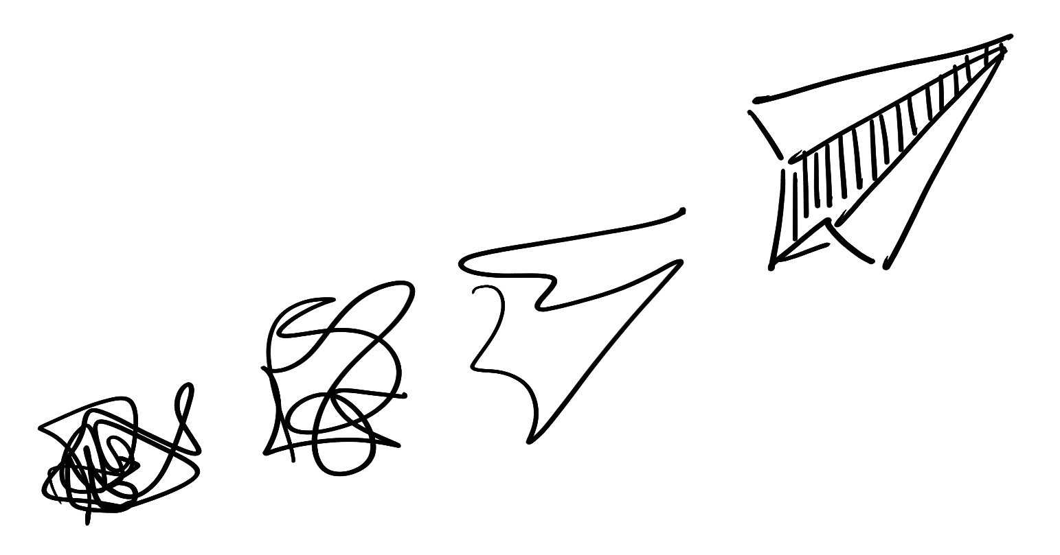 A paper plane progressing from crumpled to folded to in flight